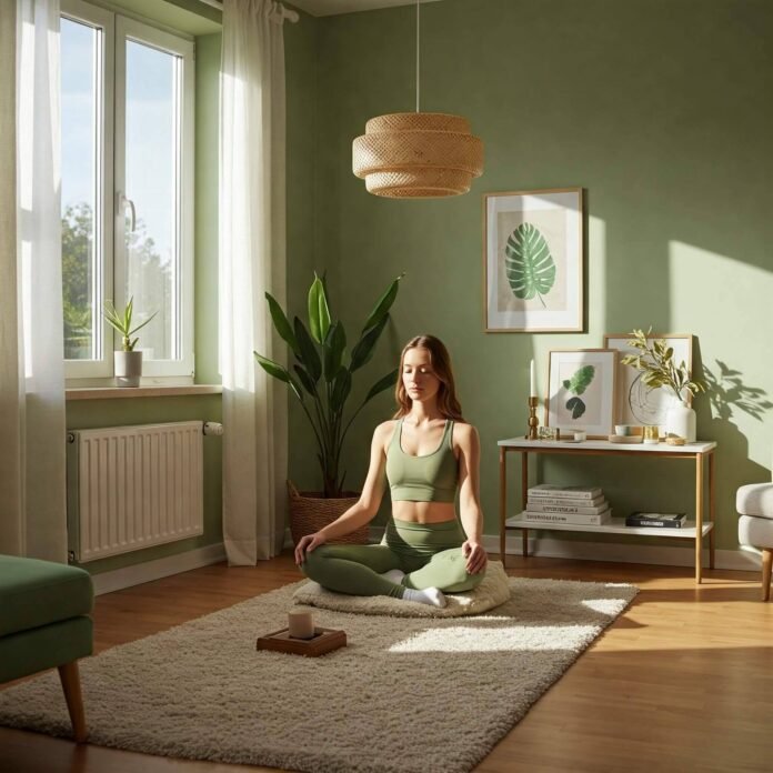 Meditating in sunlit green room. Meditating in sunlit green room.