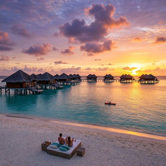 Luxurious overwater villas at sunset. Luxurious overwater villas at sunset.