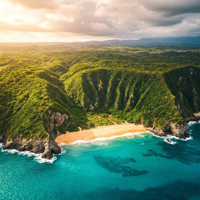 Secluded turquoise beach aerial view. Secluded turquoise beach aerial view.