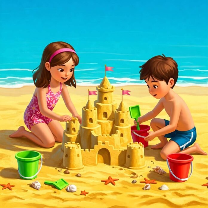 Kids building sandcastle on sunny beach. Kids building sandcastle on sunny beach.