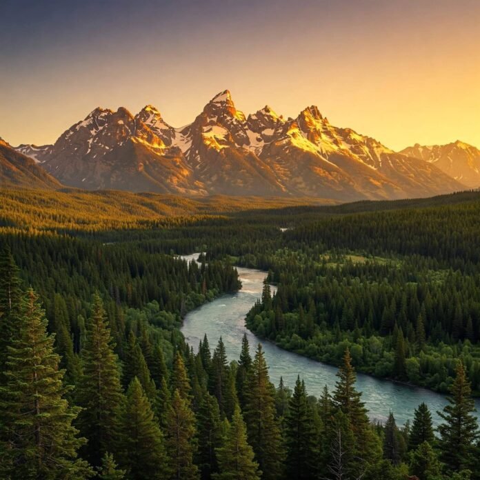 Sunrise over mountain river and forest.