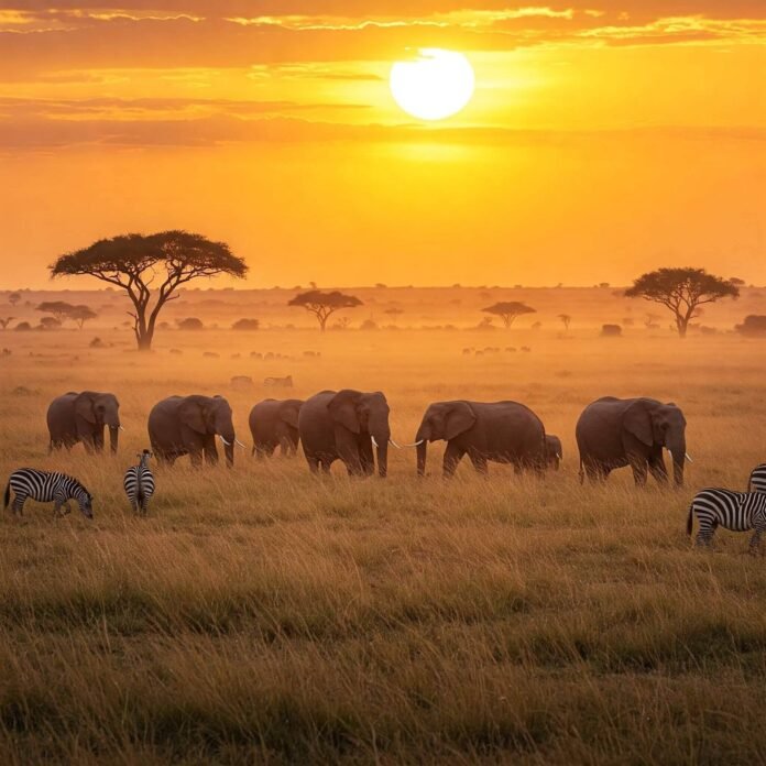 Savanna Sunrise Elephants Zebras