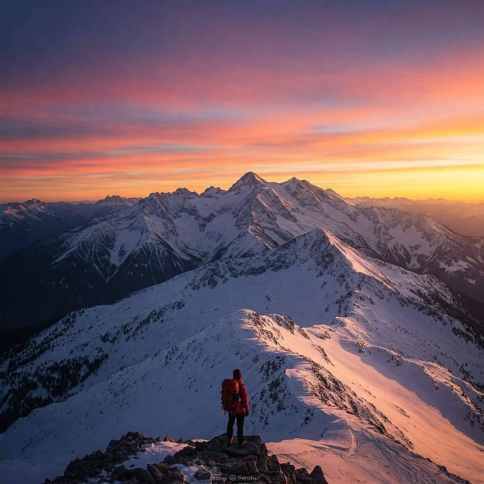 Sunrise mountain panorama with hiker. Sunrise mountain panorama with hiker.