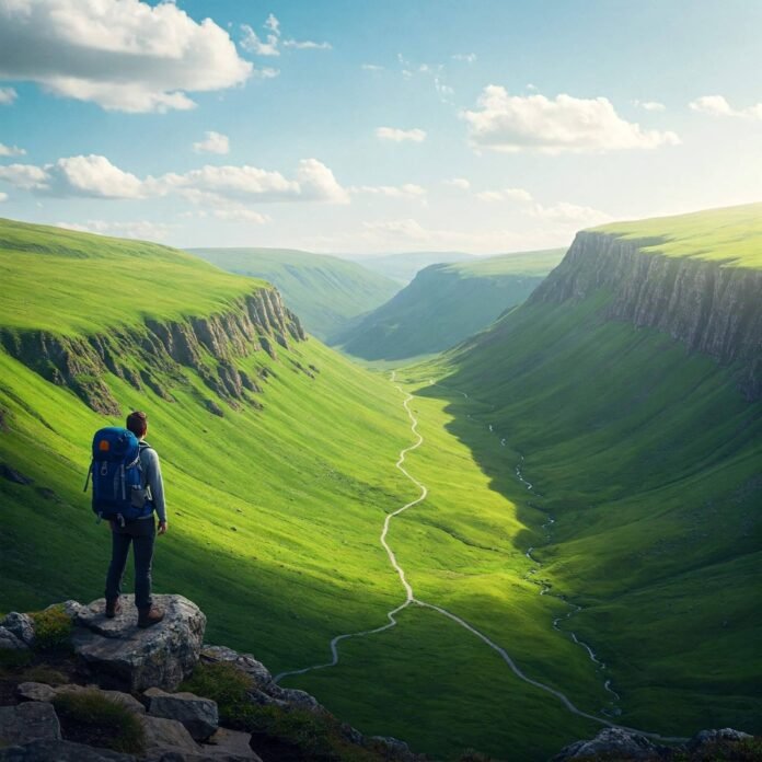 Hiker overlooking lush green valley. Hiker overlooking lush green valley.