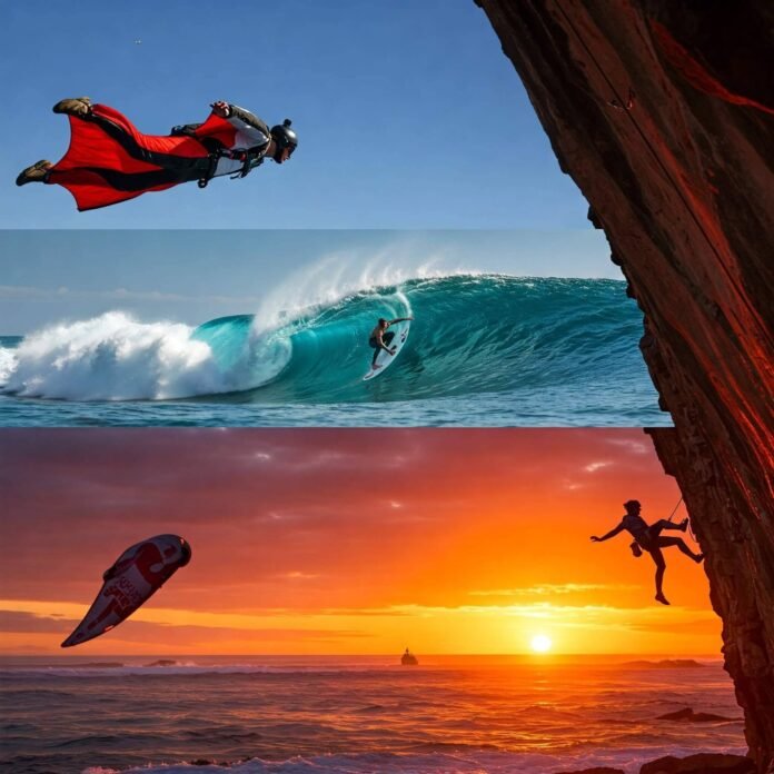 Extreme Sports Collage: Wingsuit, Surf, Climb Extreme Sports Collage: Wingsuit, Surf, Climb