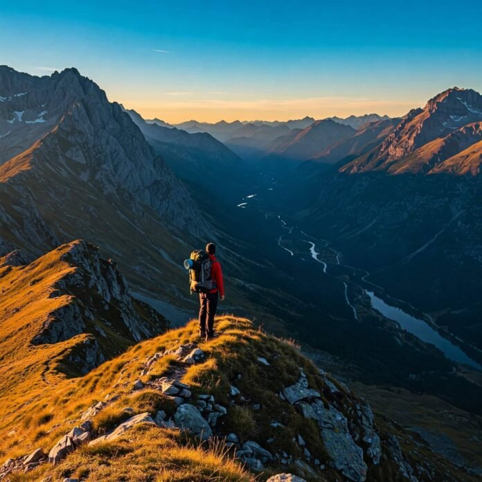 Backpacker on Mountain Ridge Backpacker on Mountain Ridge