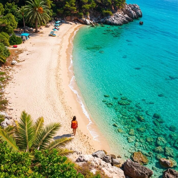 Turquoise Albanian beach with backpacker. Turquoise Albanian beach with backpacker.