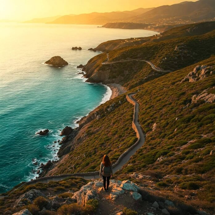 Solo traveler overlooking turquoise ocean. Solo traveler overlooking turquoise ocean.