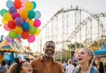 Top 10 Family-Friendly Travel Destinations for 2025 Laughing family at theme park with roller coaster and balloons.