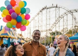 Top 10 Family-Friendly Travel Destinations for 2025 Laughing family at theme park with roller coaster and balloons.
