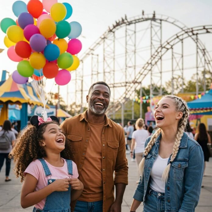 Laughing family at theme park with roller coaster and balloons. Laughing family at theme park with roller coaster and balloons.