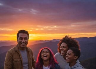 How to Plan the Perfect Family Vacation Without Breaking the Bank A diverse family enjoys a vibrant sunset view, laughing together.