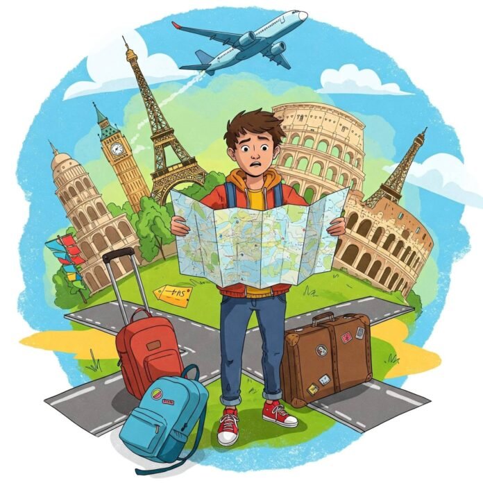 Lost traveler at confusing crossroads. Lost traveler at confusing crossroads.