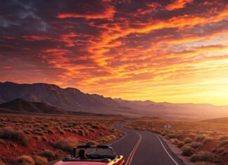 The Most Scenic Road Trips Across the U.S. You Can’t Miss Sunset drive on winding mountain road.