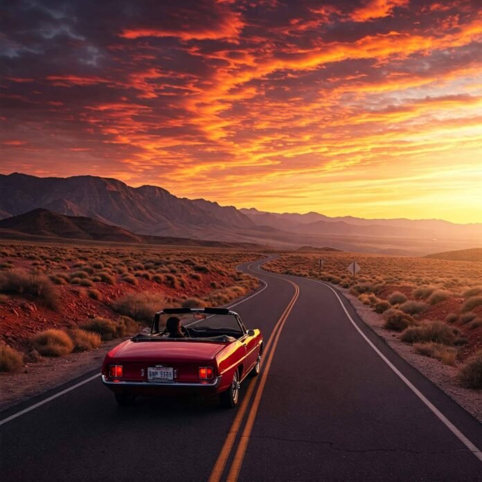 Sunset drive on winding mountain road. Sunset drive on winding mountain road.