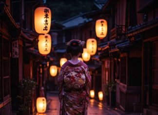 Exploring Kyoto’s Unique Culture: Top Things to Do in Japan’s Ancient Capital Geisha in kimono on lantern-lit street.