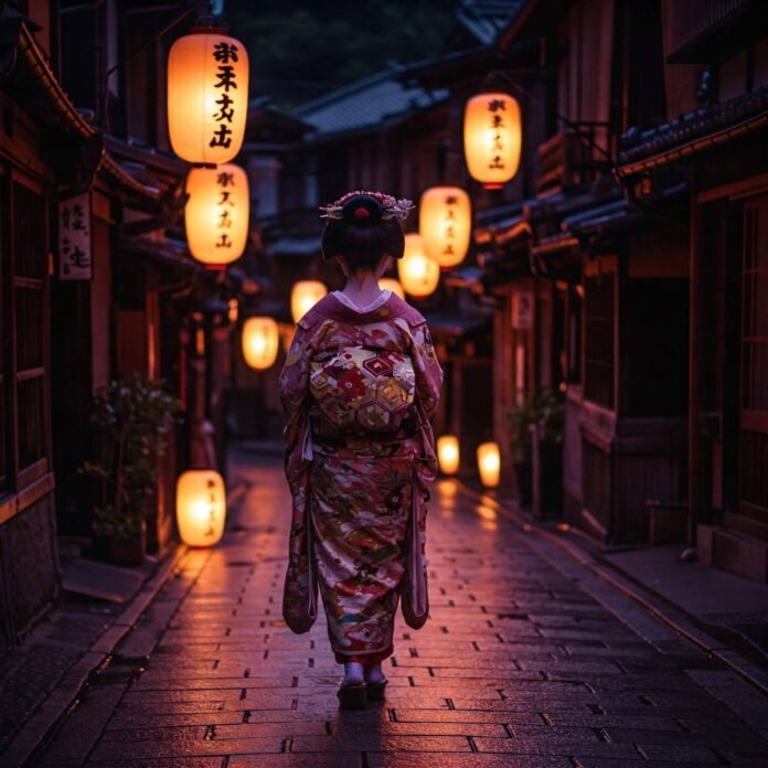 Geisha in kimono on lantern-lit street. Geisha in kimono on lantern-lit street.