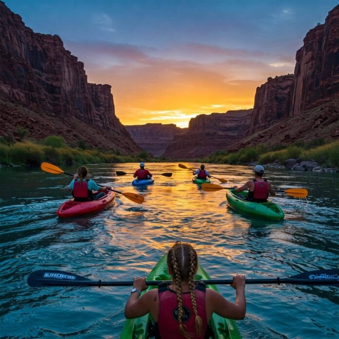 Kayaking River Canyon Sunset Kayaking River Canyon Sunset