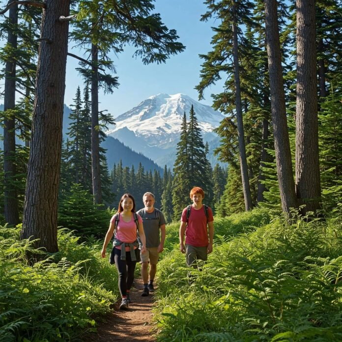 Diverse beginner hikers on forest trail. Diverse beginner hikers on forest trail.