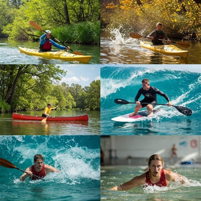 Water sports through seasons: kayaking, surfing, canoeing, swimming. Water sports through seasons: kayaking, surfing, canoeing, swimming.