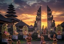 Experience Bali Like a Local: Hidden Gems and Secret Spots Balinese temple ceremony at dusk with dancers and offerings.