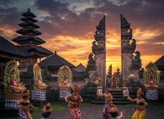 Experience Bali Like a Local: Hidden Gems and Secret Spots Balinese temple ceremony at dusk with dancers and offerings.