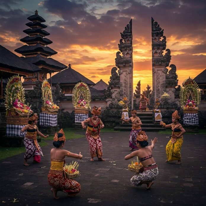 Balinese temple ceremony at dusk with dancers and offerings. Balinese temple ceremony at dusk with dancers and offerings.