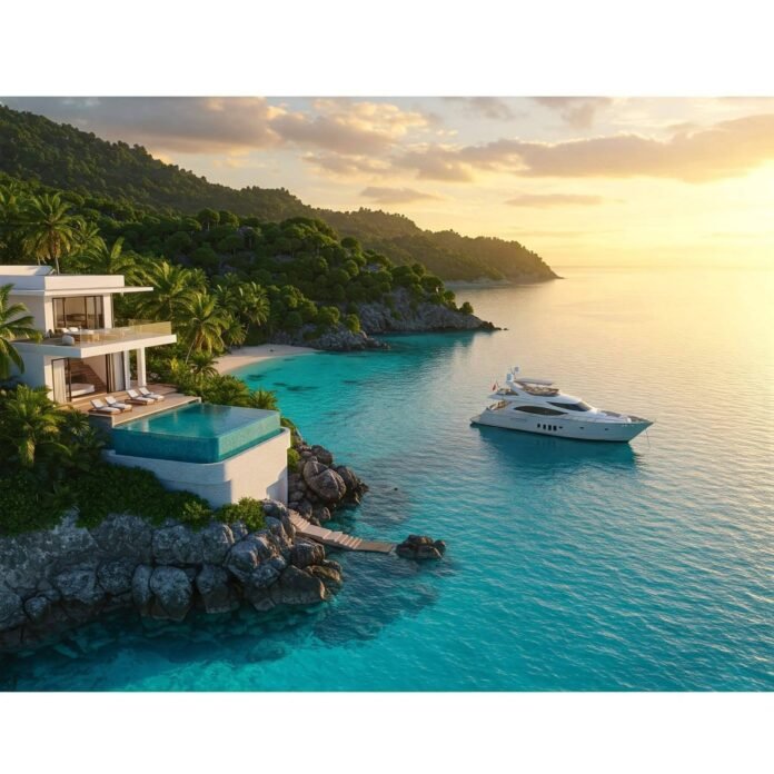 Luxury villa on tropical island at sunset