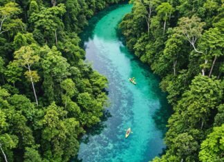 Contribute to Conservation Through Eco-Tourism Tips Aerial view of rainforest river with eco-tourists kayaking.