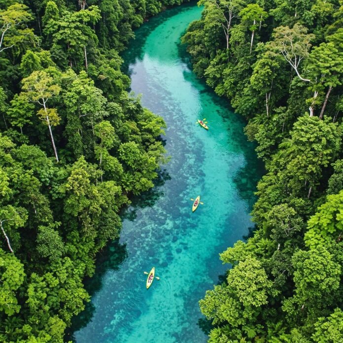Aerial view of rainforest river with eco-tourists kayaking. Aerial view of rainforest river with eco-tourists kayaking.