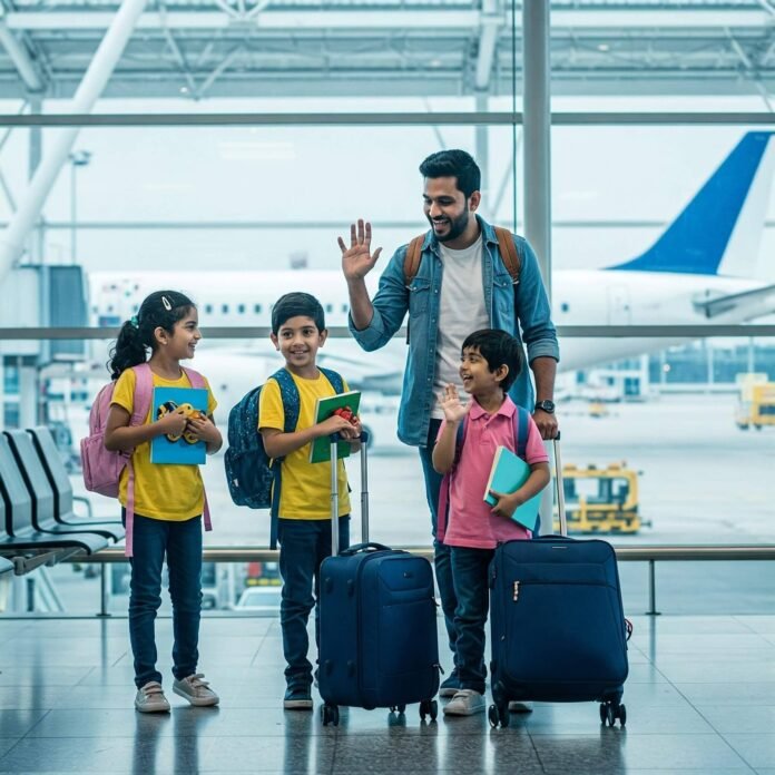 Joyful family ready for airport trip. Joyful family ready for airport trip.