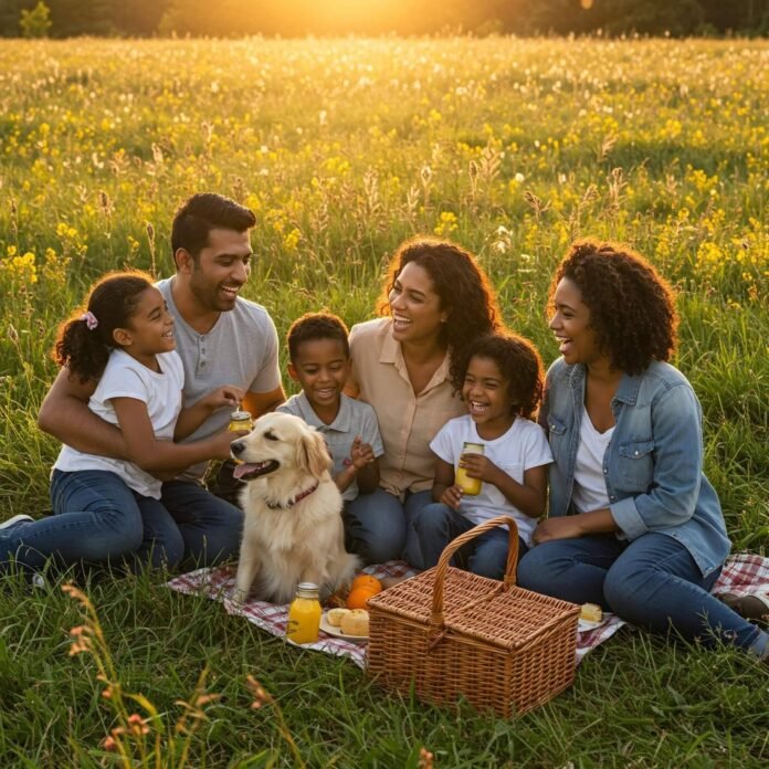 Diverse family laughing at sunny meadow picnic. Diverse family laughing at sunny meadow picnic.