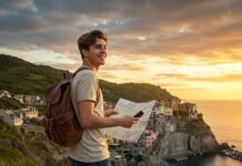 Best Budget Travel Hacks You Need to Know in 2025: Save Big! Young traveler overlooking coastal town at sunset.