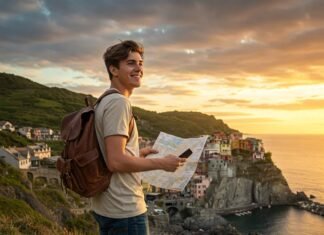 Best Budget Travel Hacks You Need to Know in 2025: Save Big! Young traveler overlooking coastal town at sunset.