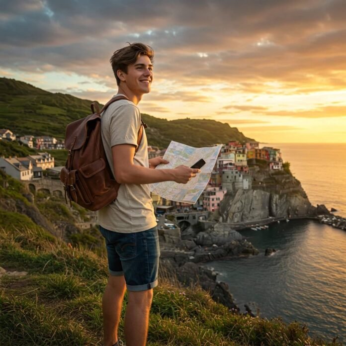 Young traveler overlooking coastal town at sunset. Young traveler overlooking coastal town at sunset.
