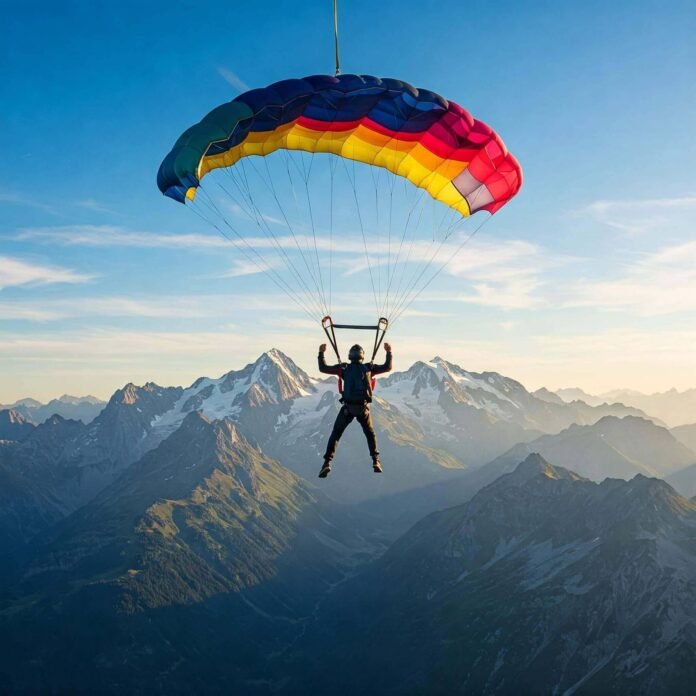 "A skydiver with a colorful parachute soars through a vibrant blue sky above a rugged mountain range, capturing the exhilarating and awe-inspiring thrill of extreme sports." "A skydiver with a colorful parachute soars through a vibrant blue sky above a rugged mountain range, capturing the exhilarating and awe-inspiring thrill of extreme sports."