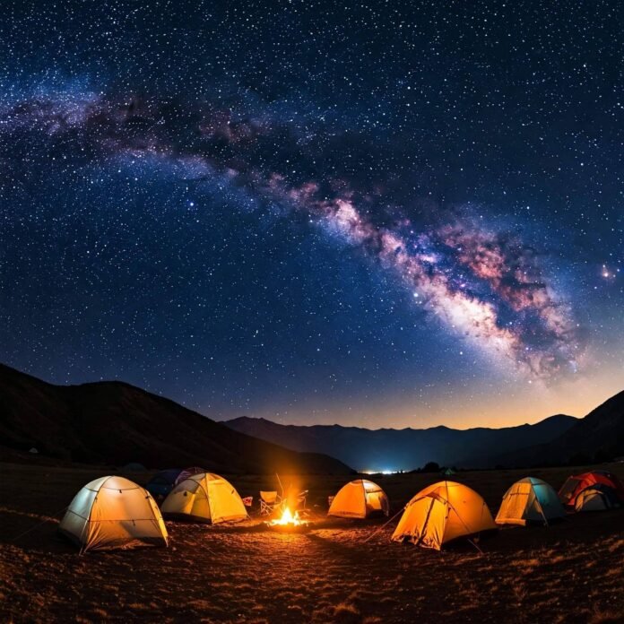 Campsite under starry sky with Milky Way. Campsite under starry sky with Milky Way.