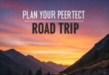 Plan the Perfect Road Trip: 10 Must-Know Tips for First-Timers Scenic mountain road at sunset with "Plan Your Perfect Road Trip!" text.