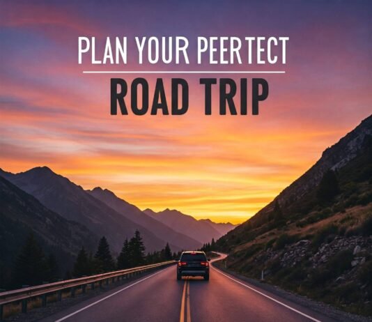 Plan the Perfect Road Trip: 10 Must-Know Tips for First-Timers Scenic mountain road at sunset with "Plan Your Perfect Road Trip!" text.