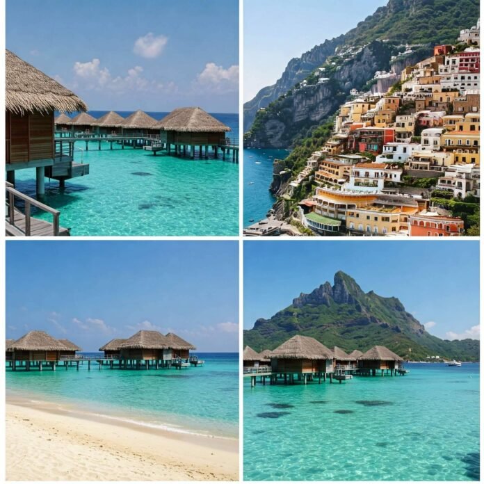 Luxury Beach Escapes: Maldives, Bora Bora & Positano Collage Luxury Beach Escapes: Maldives, Bora Bora & Positano Collage