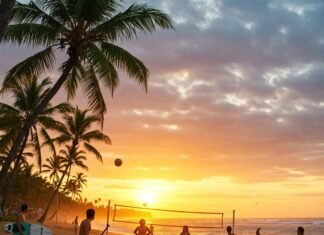 10 Exciting Beach Activities to Add to Your Summer Bucket List Vibrant beach sunset with surfing, volleyball, and paddleboarding.