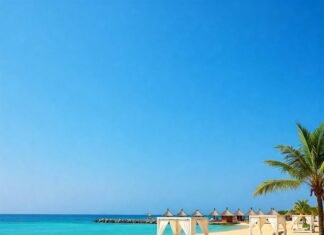 Dreamy Beach Resorts You Can’t Miss This Summer Wide-angle beach with resort cabanas and azure water.