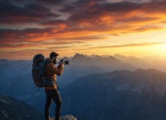 Best Hiking Trails for Stunning Views and Photography Lovers A hiker on a cliff edge holds a camera, capturing the vast mountain range under a dramatic sunset sky filled with warm orange