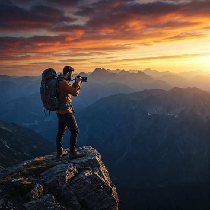 A hiker on a cliff edge holds a camera, capturing the vast mountain range under a dramatic sunset sky filled with warm orange A hiker on a cliff edge holds a camera, capturing the vast mountain range under a dramatic sunset sky filled with warm orange