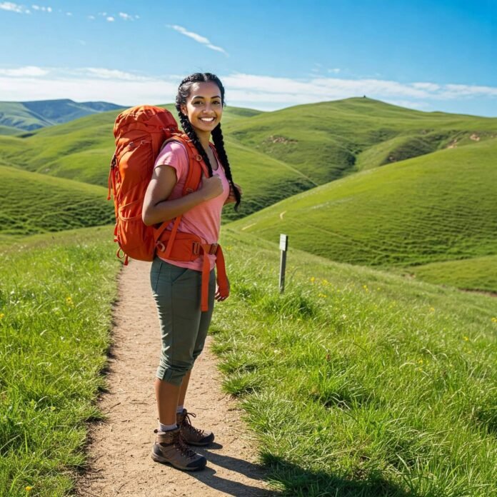 "Beginner hiker on scenic trail" "Beginner hiker on scenic trail"