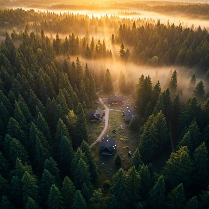 Forest Retreat Sunrise: Cabins in Misty Woods Forest Retreat Sunrise: Cabins in Misty Woods